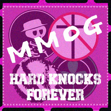 fuscia speckled bacgkround with black geometric border featuring new collaboration album cover titled MMOG Hard Knocks Forever