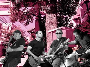 Fuscia tinted image of a California street corner with black and white images of Mike Ness, Randy Bradbury, Brain Baker, and Matt Kelly